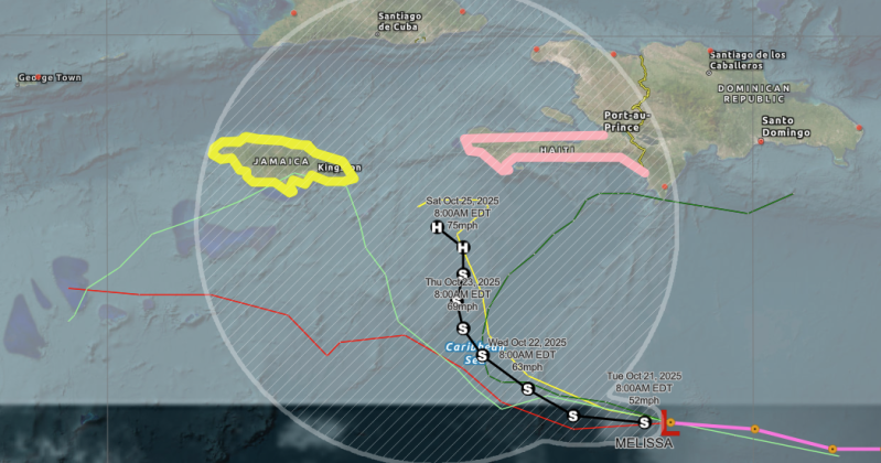 In the near term, Melissa is expected to affect Jamaica and Haiti as a growing tropical storm and hurricane. (Graphic/Hurricanecity.com)