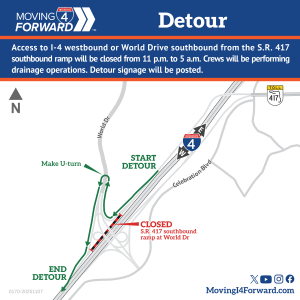 The State Road 417 southbound ramp to I-4 westbound under World Drive will be temporarily closed overnight from 11 p.m. until 5 a.m. through Wednesday. 