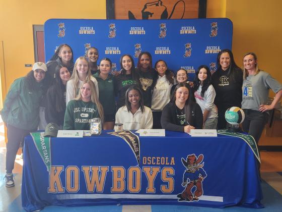 From left, Osceola High volleyball players Sophie Spivey, Jordin Southall and Cate Palmi signed scholarships at the opening of the Class of 2026 signing period. (Photo/Ken Jackson)