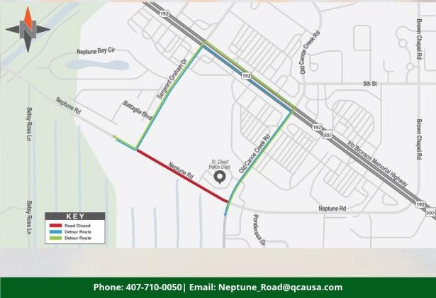 Neptune Road will close west of St. Cloud Police Department overnight on Sunday and Monday. (Map/Osceola County)
