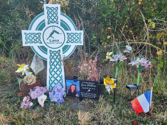 A memorial to Lana Fellows remains at the intersection of Old Hickory Tree Road and Nolte Road, where she was killed in a crash on Nov. 24, 2024. (Photo/Ken Jackson)