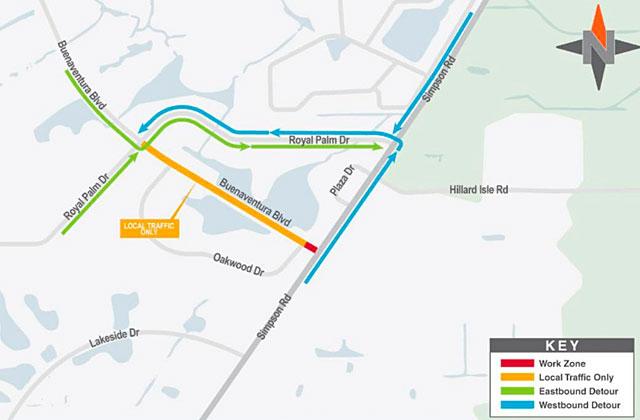 Only local traffic will be able to use parts of Buenaventura Boulevard overnights this week. (Graphic/Osceola County)