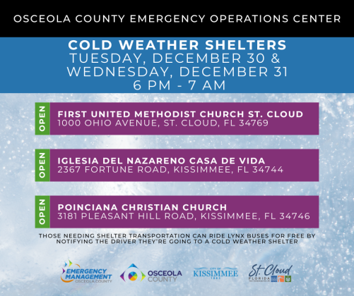 Three cold weather shelters will open the evenings of Tuesday, Dec. 30 and Wednesday, Dec. 31 for those experiencing homelessness
