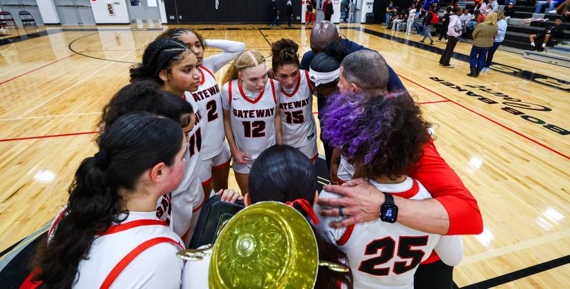 The Gateway Panthers huddle up after defending their Orange Belt Conference girls basketball championship with a 64-29 win over Harmony Friday. (Photo/Taylor McFee)