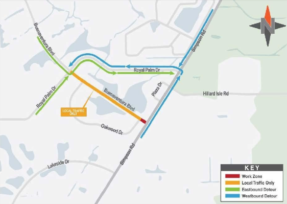 Osceola County reports Buenaventura Boulevard will be closed at Simpson Road from 9 p.m. to 6 a.m., Sunday, Jan. 18, through Thursday, Jan. 22. Royal Palm Drive will be used as a detour.