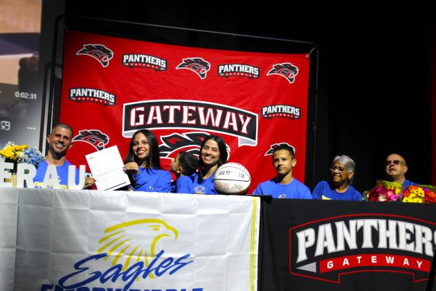 With family present, just like it's a Panthers' basketball game, Gateway High point guard Alyssa Marino signed her National Letter of Intent to play college ball at Embry-Riddle Aeronautical University last week. (Photo/Ken Jackson)
