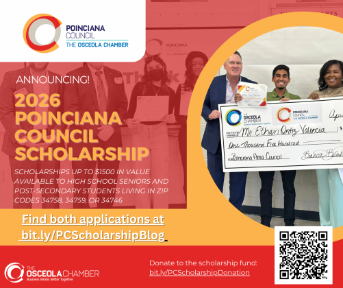 This year the Poinciana Council Board of Directors will award scholarships of up to $1500 to graduating high school seniors and students currently enrolled in post-secondary education. (Graphic/The Osceola Chamber)