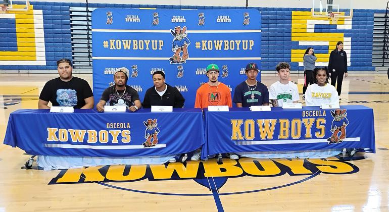 A rite of February: Osceola High celebrated the college signings of seven Kowboys athletes during the "traditional" signing period Wednesday. (Photo/J. Daniel Pearson)