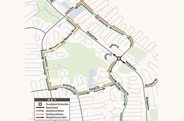 San Lorenzo Road between Valnera Court and Delano Court is now expected to remain closed until approximately April 30 for roundabout construction. (Graphic/Association of Poinciana Villages)