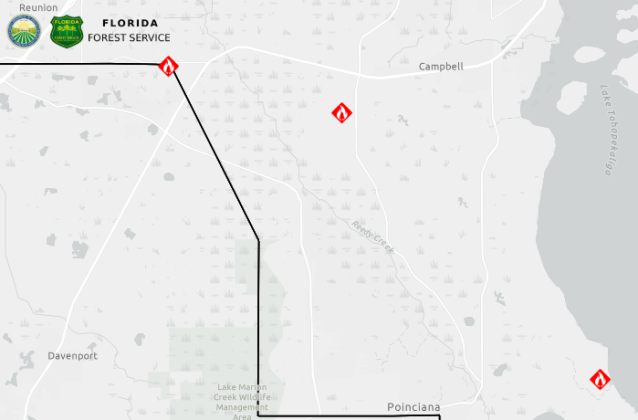 Osceola fire officials are working Sunday to contain two brush fires and protect nearby structures. (Graphic/Florida Forest Service)