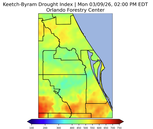 The weekend's isolated rain showers lowered Osceola County's Keetch-Bryam drought index enough to allow Osceola County Fire Rescue to rescind the burn ban put in place Feb. 16. (Graphic/KBDI)