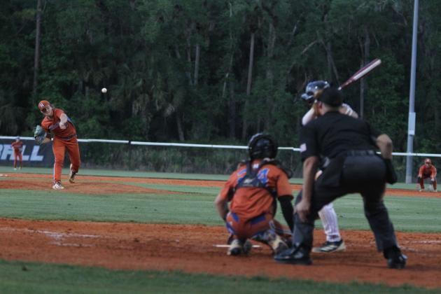 Harmony's Trevin Bean held St. Cloud hitters at bay, striking out seven in six innings in the Longhorns' 8-1 victory in Friday's OBC championship game. (Photo/Michelle Kostuch)