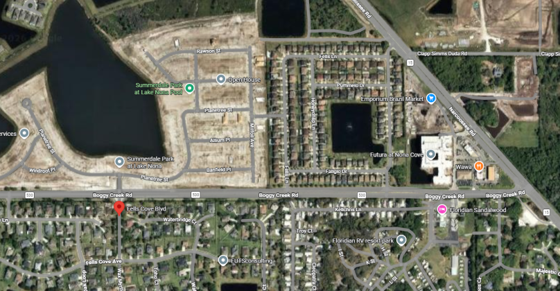 The victim was traveling eastbound on Boggy Creek Road near Fells Cove Boulevard Saturday afternoon when the incident occurred, Florida Highway Patrol reports. (Google Maps)