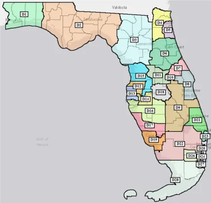 A Leon County Circuit Court judge ruled Tuesday that Florida’s newly drawn congressional districts, including a District 9 that would stretch from Lake Nona to Lake Okeechobee, can legally remain intact. (Graphic/Florida Senate)