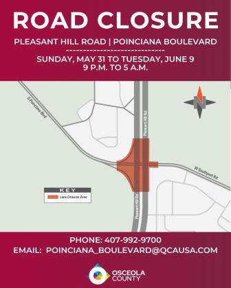 There will be intermittent nighttime lane closures on northbound and southbound Pleasant Hill Road and West Southport Road at Poinciana Boulevard from through Tuesday, June 9 as crews will be milling, paving and installing signage.