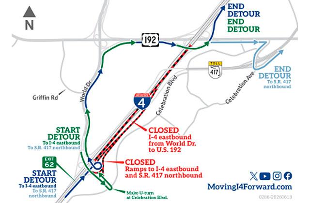 Interstate 4 eastbound will fully close overnight Monday night into Tuesday morning for road construction; here's the detour. (Graphic/FDOT)