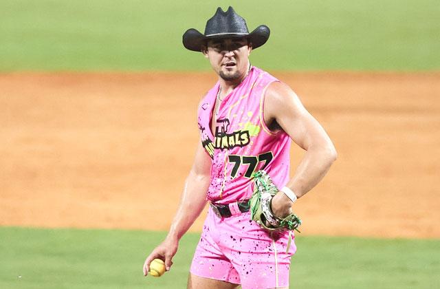 Party Animals pitcher Garett Delano shows Banana Ball isn’t your dad’s or granddad’s baseball ... (Photo by Taylor McFee)