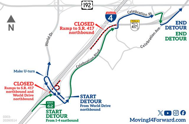 Traveling through Celebration to get to State Road 417 north from I-4 East will be one of the detours required in June as part of the  Moving I-4 Forward Program. (Graphic/FDOT)