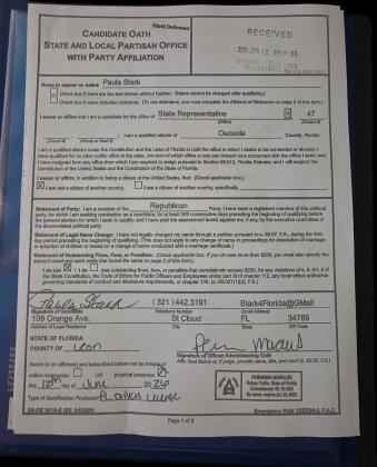 Paperwork share by Rep. Paula Stark shows she filed her Candidate Oath paperwork in person in Tallahassee on Friday, ahead of the noon deadline to file. (SUBMITTED PHOTO)