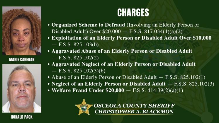 Marie Tarah Carenean, 56, of Osceola County and Ronald Pack, 60, of Polk County were arrested and charged with scheme to defraud, aggravated elder abuse,  elder neglect, elder exploitation and welfare fraud. Carenan was booked into the Osceola County Jail and Pack was booked into the Polk County Jail. (Graphic/Osceola County Sheriff's Office)