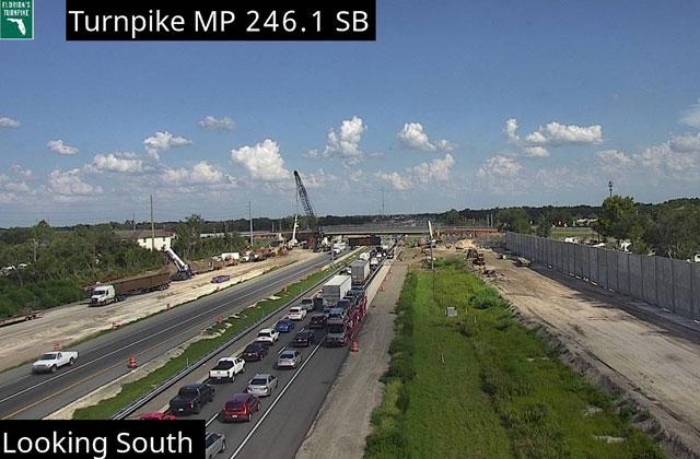 Southbound traffic on Florida's Turnpike south of State Road 417 is snarled as the lanes are closed near the Clay Whaley interchange as FHP investigates a deadly crash. (Photo/FDOT 511)