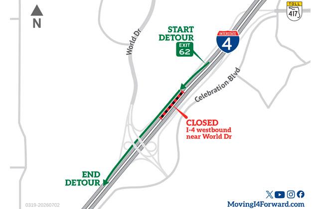 The main westbound lanes of I-4 will close after midnight July 14-16 as part of the Moving I-4 Forward program, but there is an easy workaround. (Graphic/FDOT)
