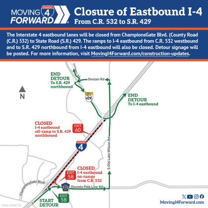 Interstate eastbound lanes will shut down from 12-4 a.m. August 9-11 from County Road 532/Osceola Polk Line Road/ChampionsGate Boulevarfd (Ext 58) to State Road 429 to allow for road construction. (Graphic/FDOT)
