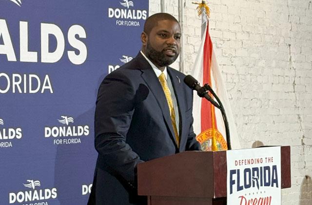 Gubernatorial Republican candidate Bryan Donalds spoke to approximately 100 supporters Friday in Lakeland urging them to help get out the vote in Tuesday's primary. (Photo/Robert Pincus) 