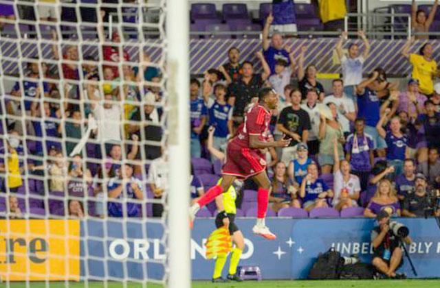 Tyrese Spicer celebrates his goal. OCSC tied FC Cincinnati 1-1 Saturday. (Photo/Mario Casamalhuapa)