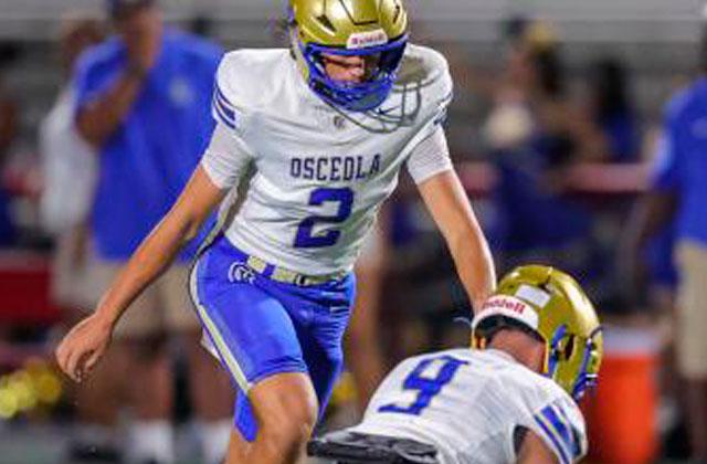Osceola kicker Brayden Buehler, shown here in OHS's Sept. 4 win over Lake Mary, put the Kowboys on the board, and gave them a brief 3-0 lead, in Friday's game at Lake Wales. (Photo/Taylor McFee)