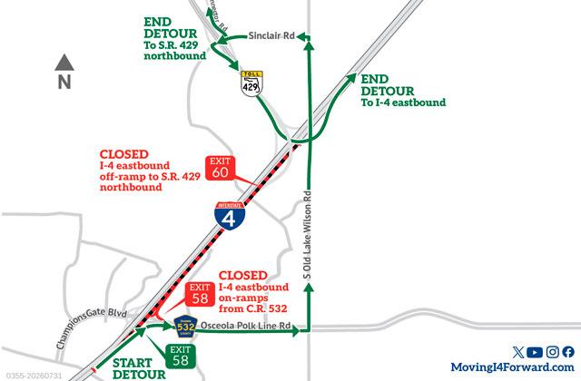 The detour for I-4 East on Monday at ChampionsGate Boulevard involves Old Lake Wilson Road, Sinclair Road and 429 South to get back to I-4. (Graphic/FDOT)