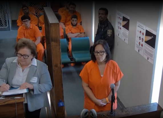 After spending a night in jail, arrested Kissimmee mayor Jackie Espinosa (right, appearing with counsel Kim LaSure) made her first appearance in front of a judge Thursday afternoon. (Photo/Osceola County Jail)