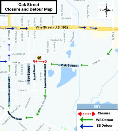 Map of Oak Street closure and eastbound and westbound detours, using Neptune Road and Lawrence Silas Boulevard or U.S. Highway 192. MAP/FDOT
