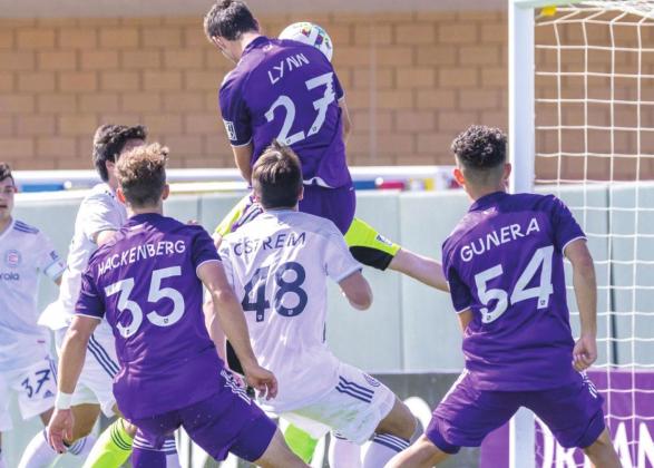Orlando City B’s Jack Lynn (27) heads a shot on net in the team’s 2-0 win over the Chicago Fire II Saturday at Osceola County Stadium. The team hosts New York City FC II on Sunday at 6 p.m. PHOTO/ORLANDO CITY B VIA THE MANE LAND