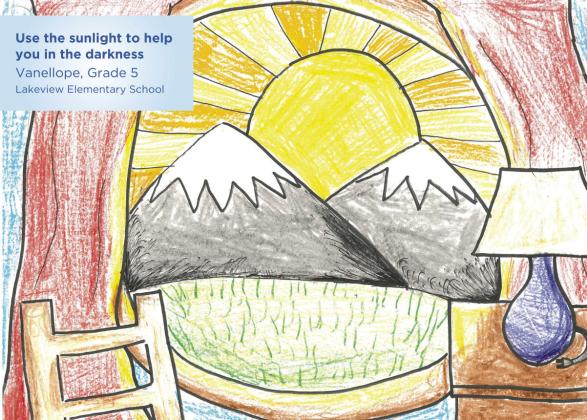 Fifth grader Vanellope M. from Lakeview Elementary School submitted her design of a rising sun and an unplugged lamp, alongside her slogan, “Use the sunlight to help you in the darkness.”