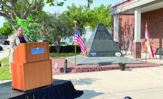 Toho Wather Authoriy’s Jacki Torbert provided the keynote address at Friday’s City of Kissimmee’s annual employee memorial. PHOTO/DAVID CHIVERS