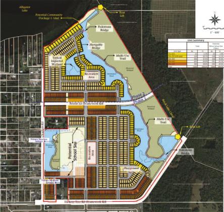 A summary of the plan of a nearly 1,100 home development between Hickory Tree Road and Alligator Lake. It received approval—but not unanimous—Monday for a preliminary subdivision plan. GRAPHIC/OSCEOLA COUNTY
