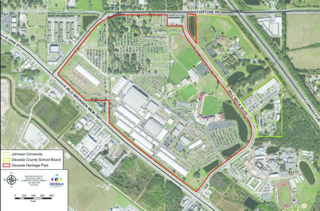 Osceola County is spending $28 million to buy the campus of the departing Johnson University (lined in Orange) near Osceola Heritage Park (red) and the Osceola School District (green). FILE PHOTO