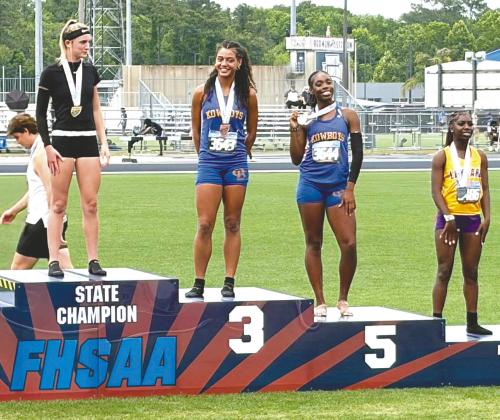 Osceola’s Nicole Oliveira (left) and Cheyenne Pryce were third and fifth in the Class 4A long jump. (Submitted photo)