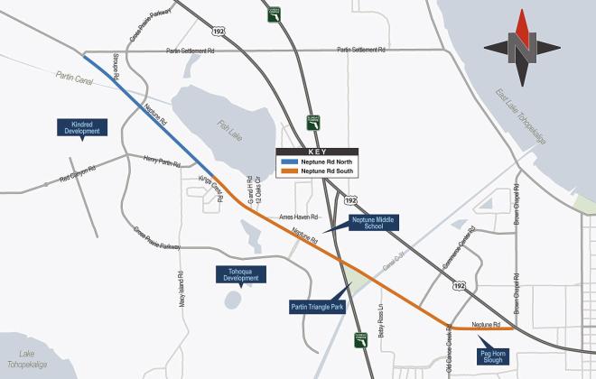 The Neptune Road widening and improvement project is divided into two segments: from Kings Crest Road west to Partin Settlement Road and east to U.S. 192. MAP/OSCEOLA COUNTY