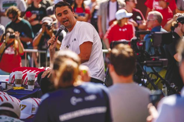 Charlie Kirk speaks at Utah Valley University before he was shot and killed Sept. 10. (Photo/Trent Nelson, The Salt Lake Tribune via News Service of Florida)