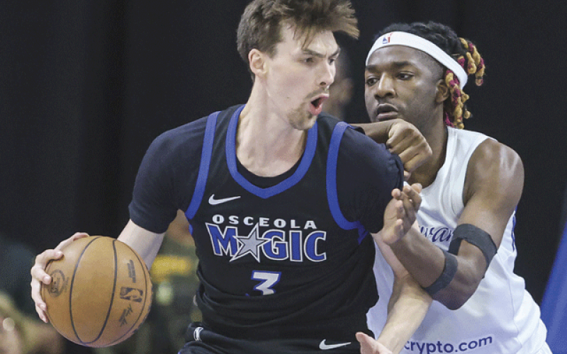 Osceola Magic center Colin Castleton, out much of the season with an injury, is rounding into form just in time for the NBA G League playoffs. He tallied 27 points and 15 rebounds in the final regular-season home game Saturday, a win over the Delaware Blue Coats. (Photo/Taylor McFee)