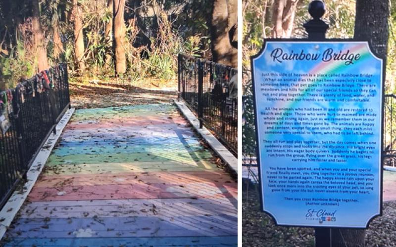 Collars adorn the Rainbow Bridge at Peghorn Park in St. Cloud in memory of beloved and past pets. The sign at the Rainbow Bridge. (Photos/Rob Gorski)