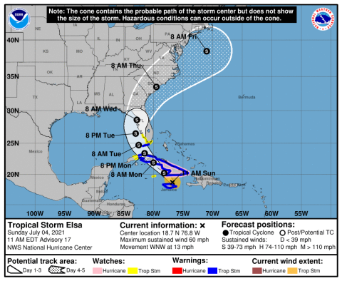 The National Hurricane Center path of projected movement for Tropical Storm Elsa at 11 a.m. Sunday/NHC