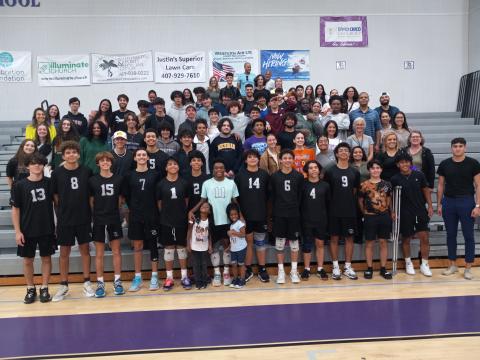 Sitting in the front rows, the Celebration Boys Volleyball team poses with their fans after Tuesday’s regional championship win over Horizon. The Storm will face second-seeded Winter Park on Friday in an FHSAA state quarterfinal game. PHOTO/J. DANIEL PEARSON