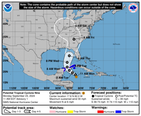The National Hurricane Center has begun advisories on Potential Tropical Cyclone 9, which it says will likely become Hurricane Helene. GRAPHIC/NHC