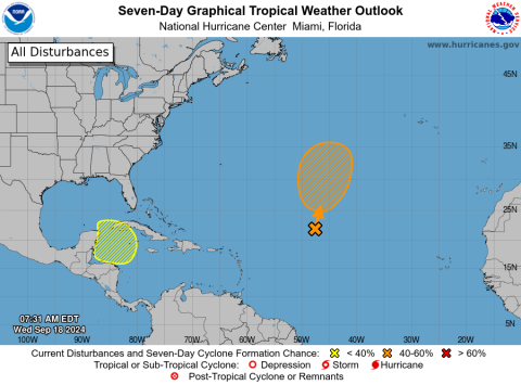 The National Hurricane Center is watching an area of disturbed weather in the Western Caribbean that could end up in the Gulf of Mexico as a named storm next week. GRAPHIC/NATIONAL HURRICANE CENTER  