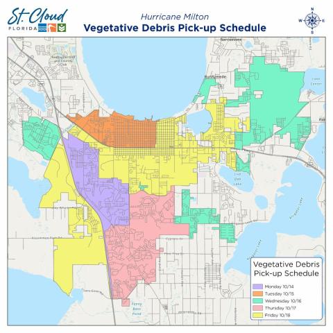 The map shows what days St. Cloud crews will be in each area, starting Monday, Oct. 14 (purple), followed by Tuesday (orange), Wednesday (green), Thursday (pink) and Friday (yellow). CITY OF ST. CLOUD 