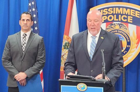 Maj. Robert Anzueto, at left with City Manager Mike Steigerwald, laid out his plans last week for fixing both Kissimmee Police Department’s internal problems and its reputation in the community. PHOTO/KEN JACKSON