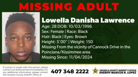 Lowella Danisha Lawrence, 28, has been missing from the Poinciana area since Nov. 4. PHOTO/OSCEOLA COUNTY SHERIFF'S OFFICE